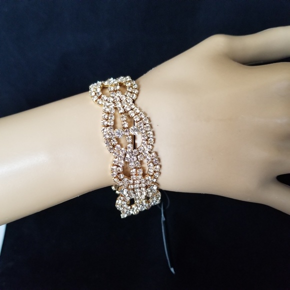 Prom Wedding Gold Rhinestone Evening Bracelet 7" party dressy elegant - Picture 2 of 6